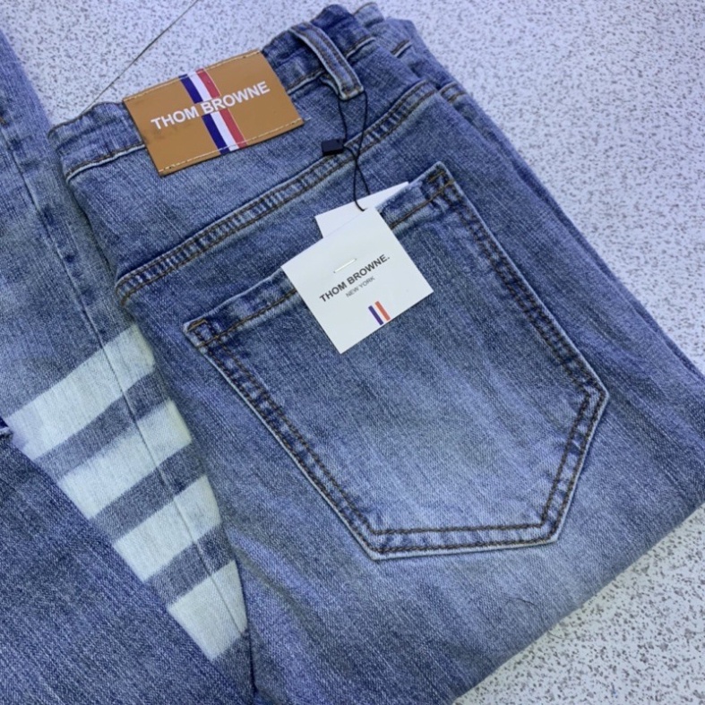 Quần JEAN Thome Nam Trơn Phối Dập 4 Vạch Kẻ Trắng Đùi Quần bò nam Thom 4 sọc Hottrend