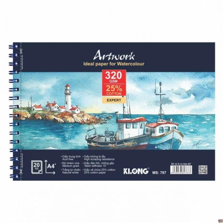 Sổ vẽ màu nước cao cấp KLONG A4+ 25% cotton 20 tờ 320GSM; MS: 787 - Klong