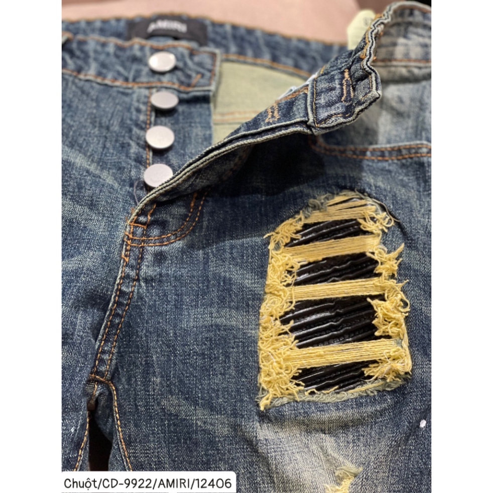 Quần Jean Nam Xanh Bụi Vẩy Sơn Loang Tua Vàng Vá Da Nhăn Đen Quần Bò Nam Xanh Sẫm Vladak Lót Da Cao Cấp