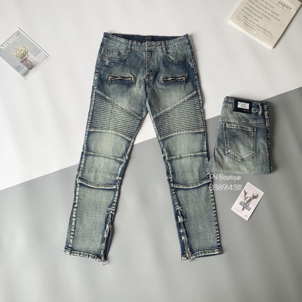 Quần BATMAN Nam Xanh Bụi Ống Khoá Phối Vải Nhăn Đùi Quần Bò Xanh Khóa Đùi Nhăn Phong Cách Khóa Zip