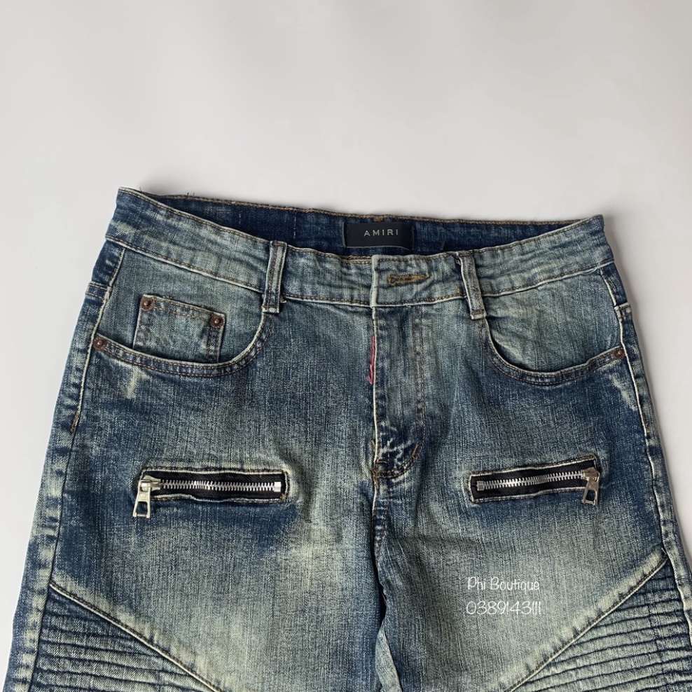 Quần BATMAN Nam Xanh Bụi Ống Khoá Phối Vải Nhăn Đùi Quần Bò Xanh Khóa Đùi Nhăn Phong Cách Khóa Zip