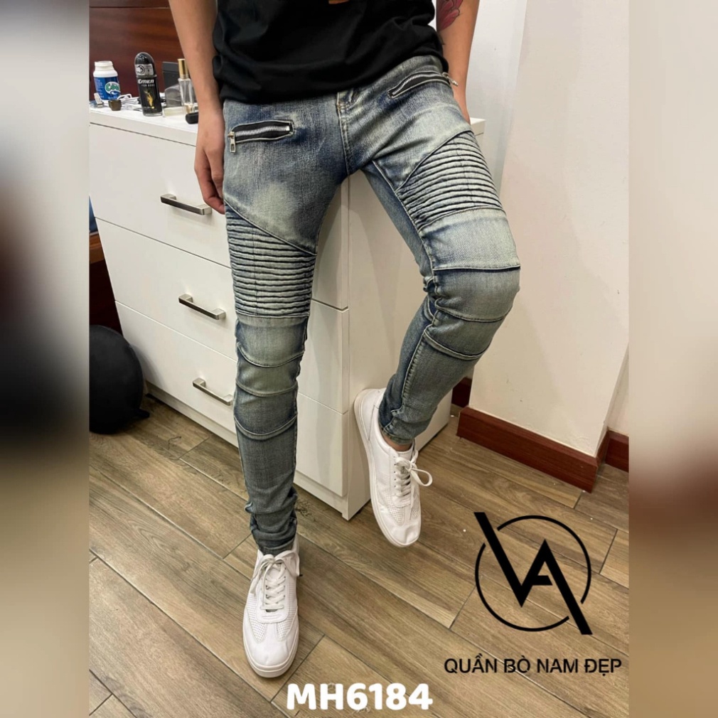 Quần BATMAN Nam Xanh Bụi Ống Khoá Phối Vải Nhăn Đùi Quần Bò Xanh Khóa Đùi Nhăn Phong Cách Khóa Zip