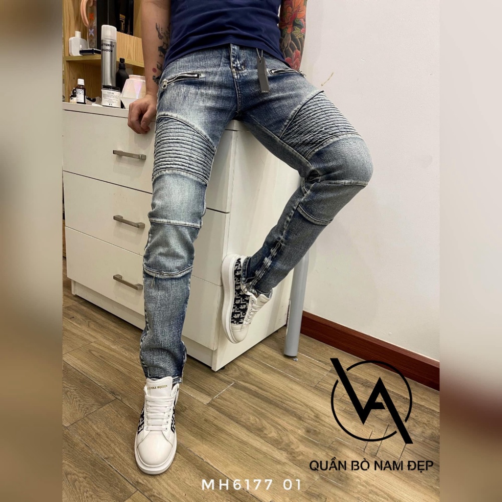 Quần BATMAN Nam Xanh Bụi Ống Khoá Phối Vải Nhăn Đùi Quần Bò Xanh Khóa Đùi Nhăn Phong Cách Khóa Zip