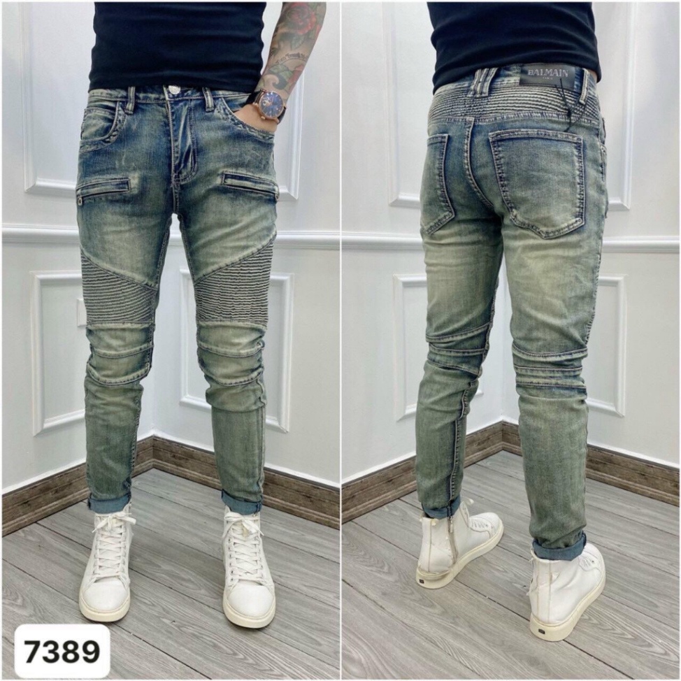 Quần BATMAN Nam Xanh Bụi Ống Khoá Phối Vải Nhăn Đùi Quần Bò Xanh Khóa Đùi Nhăn Phong Cách Khóa Zip