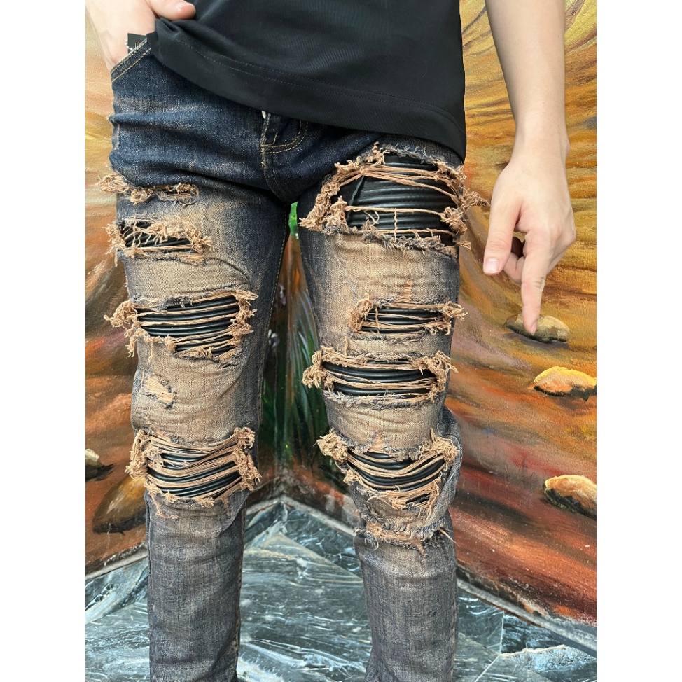 Quần Jean Amiri 4 Cúc Like Au Màu Xanh Rêu Tua Vàng Lót Da,Quần bò Amiri vá da nhăn cứng 4 khuy chất Boy phố