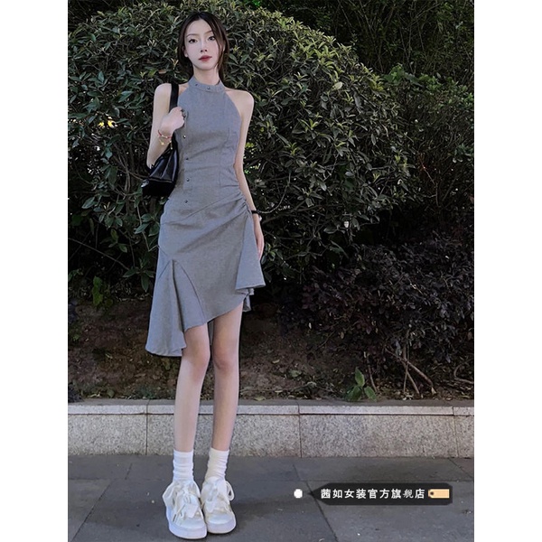 Jashucheng Đầm Chữ a Sát Nách Dáng Ôm Đính Đinh Tán Màu Xám Thời Trang Mùa Hè Cá Tính Cho Nữ