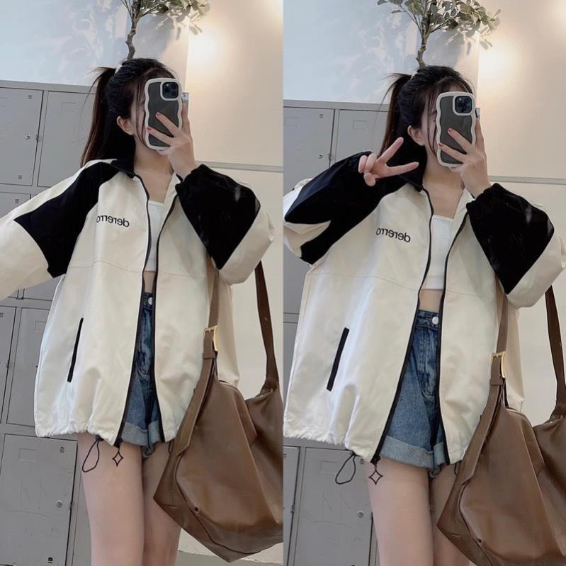 Áo Dù Sọc Tay Thêu Ngực Form Rộng Unisex Nam Nữ Ulzzang Phong Cách Cá Tính Năng Động