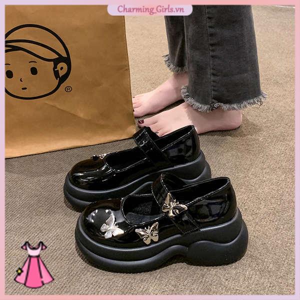 Giày Da Họa Tiết Bướm Phong Cách Pháp Mary Jane Khóa Dán Thời Trang