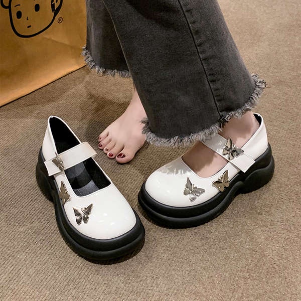 Giày Da Họa Tiết Bướm Phong Cách Pháp Mary Jane Khóa Dán Thời Trang