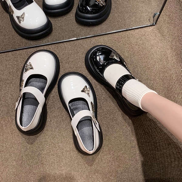 Giày Da Họa Tiết Bướm Phong Cách Pháp Mary Jane Khóa Dán Thời Trang