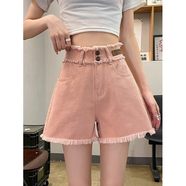 Jiashucheng Quần Short denim Dáng Chữ a Ống Rộng Lưng Cao Mỏng Màu Hồng Thời Trang Mùa Hè Kiểu Mới Cho Nữ
