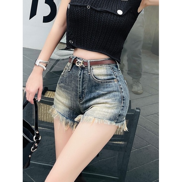 Jiashucheng Quần short denim Lưng Cao Dáng Chữ a Phong Cách retro Thời Trang Mùa Hè Quyến Rũ Cho Nữ