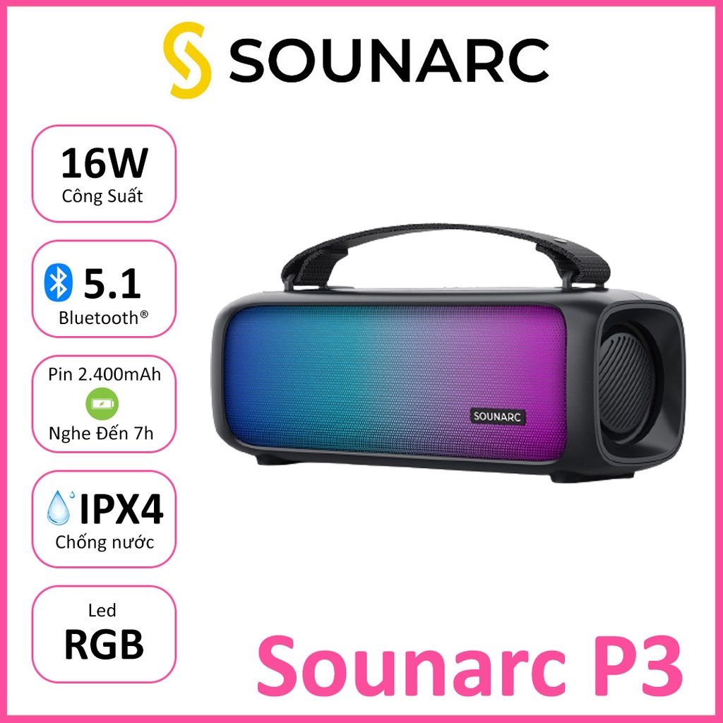 Loa Sounarc P3 Bluetooth 5.1 Công suất 16W, Chống nước IPX4 Có 3 Chế độ Led Thay đổi theo nhạc.