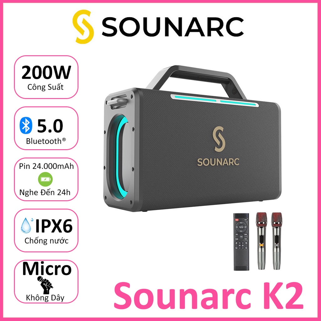 Loa Karaoke Bluetooth 5.0 SOUNARC K2, Công Suất 200W, Chống Nước IPX6, Pin 24000mAh, 2 Micro Phù Hợp Song Ca Cùng Bạn Bè