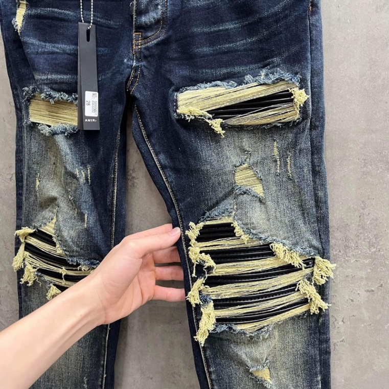 Quần Like_Auth AMIRI Xanh Vá Da Nhăn Bản Chuẩn 4 Khuy - Quần bò nam Amiri slimfit 4 cúc bản like_Au xanh sẫm