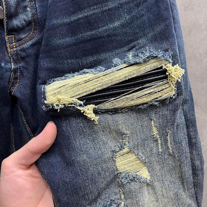 Quần Like_Auth AMIRI Xanh Vá Da Nhăn Bản Chuẩn 4 Khuy - Quần bò nam Amiri slimfit 4 cúc bản like_Au xanh sẫm