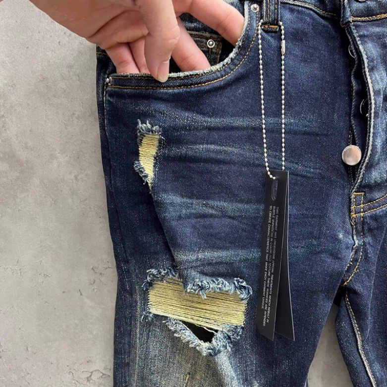 Quần Like_Auth AMIRI Xanh Vá Da Nhăn Bản Chuẩn 4 Khuy - Quần bò nam Amiri slimfit 4 cúc bản like_Au xanh sẫm