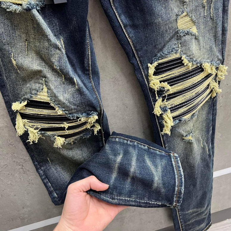 Quần Like_Auth AMIRI Xanh Vá Da Nhăn Bản Chuẩn 4 Khuy - Quần bò nam Amiri slimfit 4 cúc bản like_Au xanh sẫm