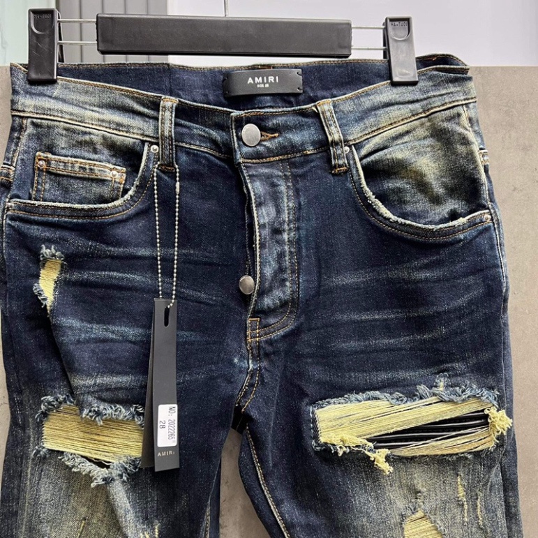 Quần Like_Auth AMIRI Xanh Vá Da Nhăn Bản Chuẩn 4 Khuy - Quần bò nam Amiri slimfit 4 cúc bản like_Au xanh sẫm
