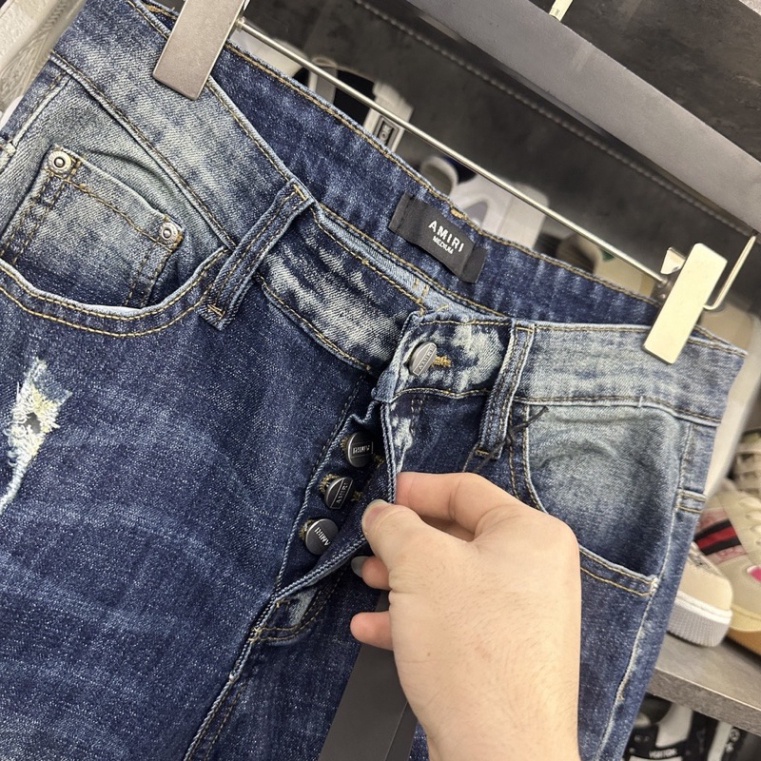Quần Like_Auth AMIRI Xanh Vá Da Nhăn Bản Chuẩn 4 Khuy - Quần bò nam Amiri slimfit 4 cúc bản like_Au xanh sẫm
