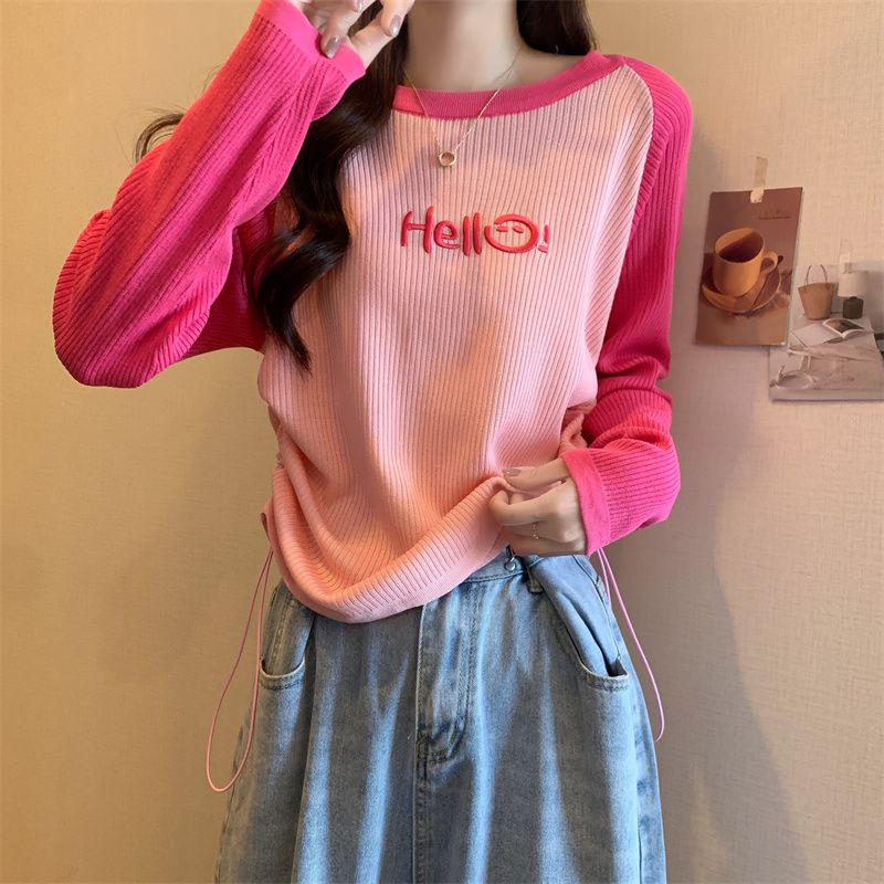 Jiashucheng Áo Thun Tay Dài Phối Dây Rút Họa Tiết Kẻ Sọc Màu Tương Phản Thời Trang Thu Đông Phong Cách Mới Cho Nữ