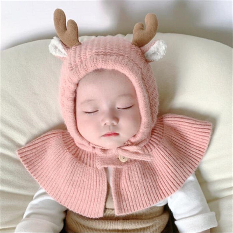 Mũ Len Trùm Đầu Tích Hợp Khăn Choàng Cổ Bảo Vệ Tai Dễ Thương Cho Bé Trai Và Bé Gái