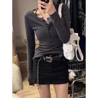 Jashucheng Áo Thun Tay Dài Hở Vai Cài Nút Bên Trong Dáng Ôm Thời Trang Xuân Thu Hàng Mới Dành Cho Bạn Nữ