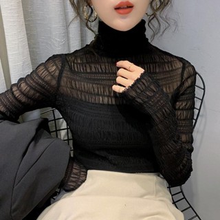  Jiashucheng Áo Ren Lưới Tay Dài Cổ Lọ Màu Đen Thời Trang Mùa Thu Cho Nữ 