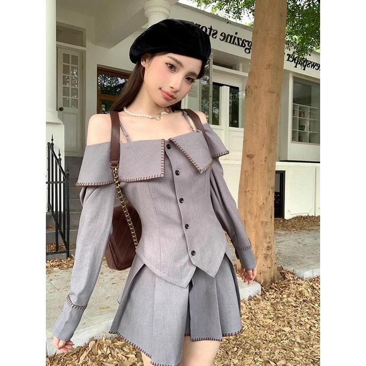 Set Áo Trễ Vai Dài Tay Và Chân Váy Xếp Ly Lưng Cao Thời Trang Dành Cho Nữ
