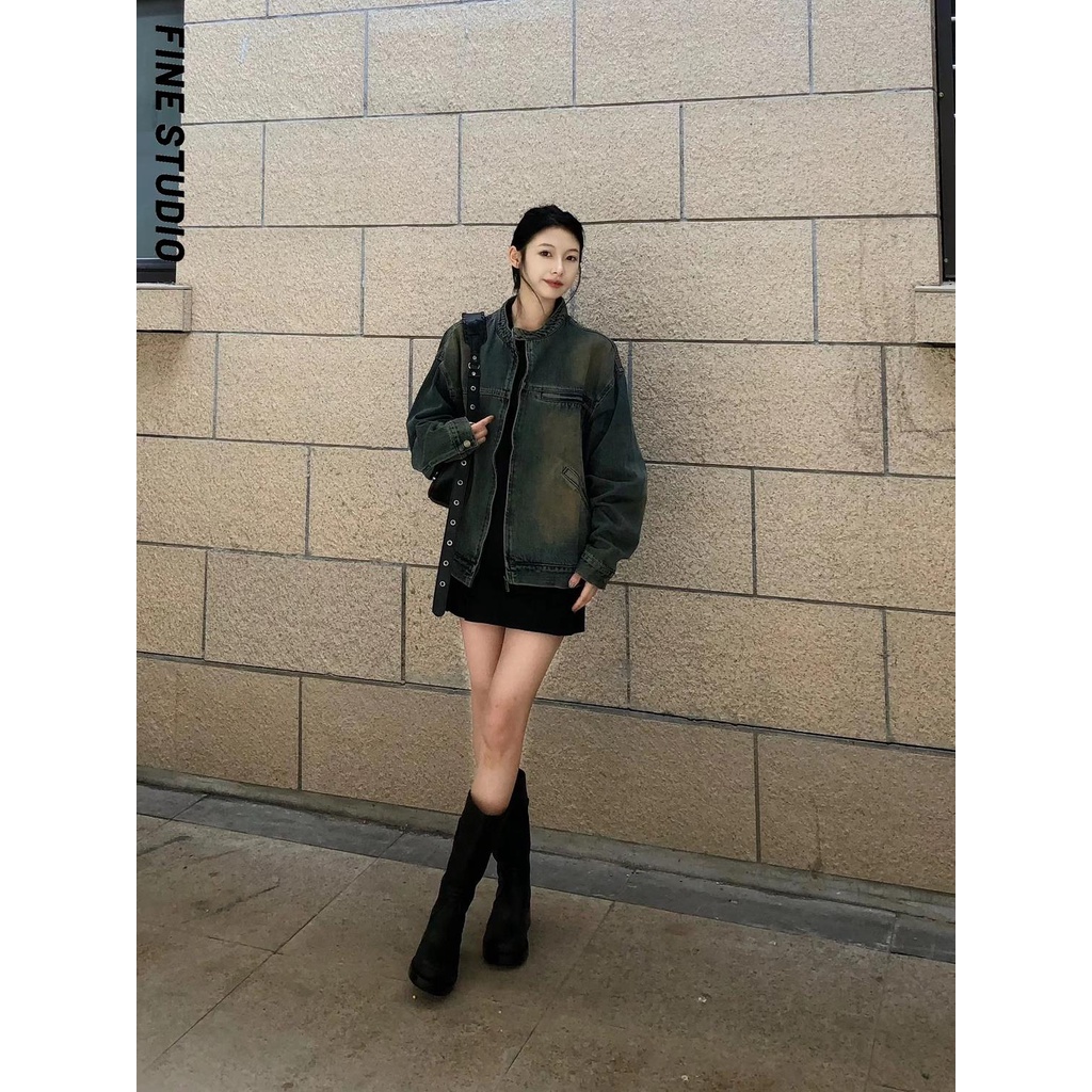 Fine studio Áo Khoác denim Dáng Rộng Thời Trang Mùa Thu Phong Cách retro