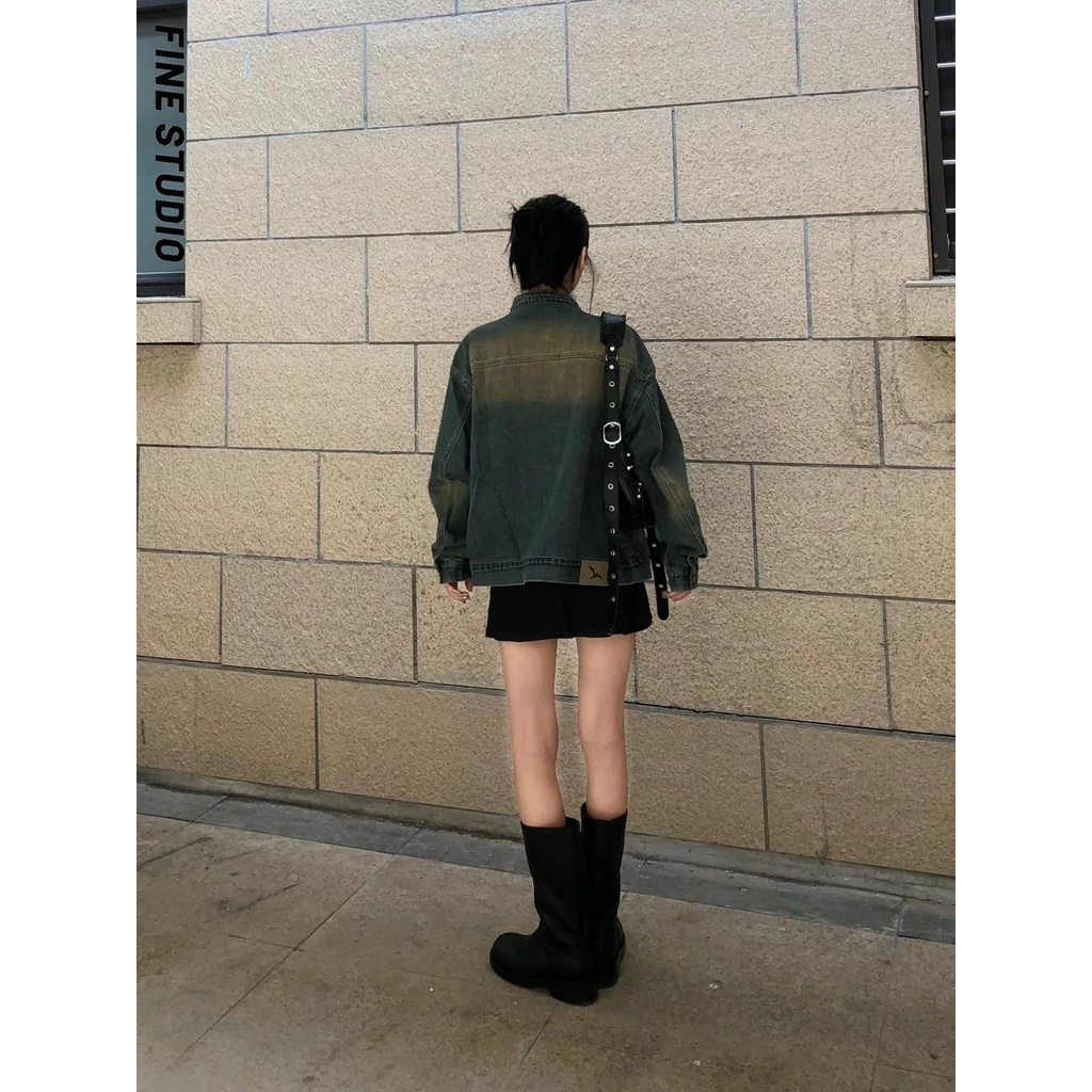 Fine studio Áo Khoác denim Dáng Rộng Thời Trang Mùa Thu Phong Cách retro