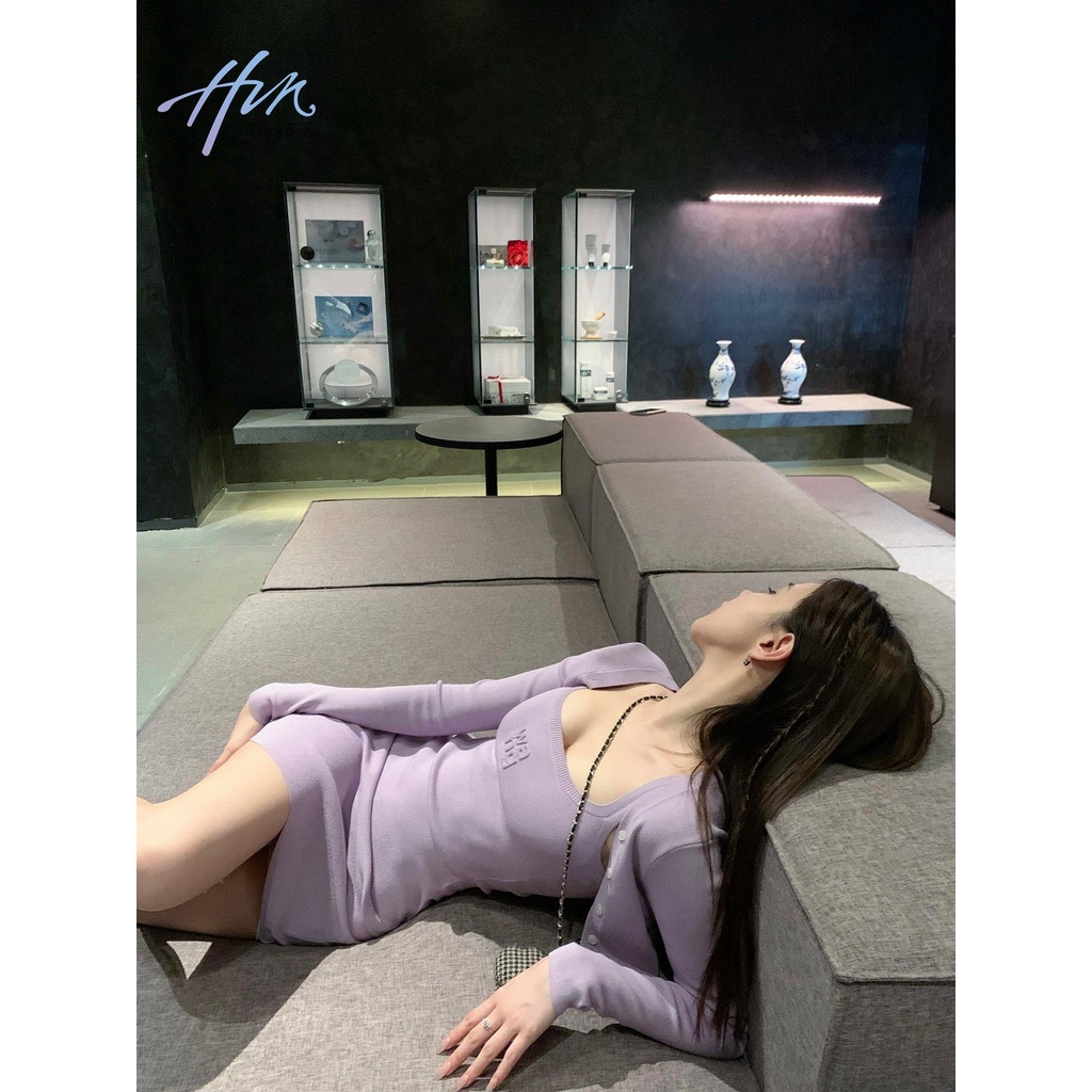 Set Đầm Hai Dây Và Áo Khoác cardigan Màu Tím Phong Cách Mới 2023