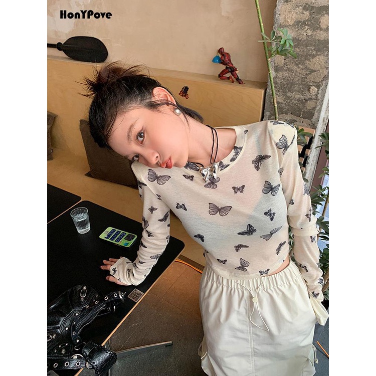 Honypove Áo Thun Tay Dài Chống Nắng Xuyên Thấu Họa Tiết Bướm Phong Cách Mới Thời Trang Mùa Thu 2023 Dành Cho Bạn Nữ