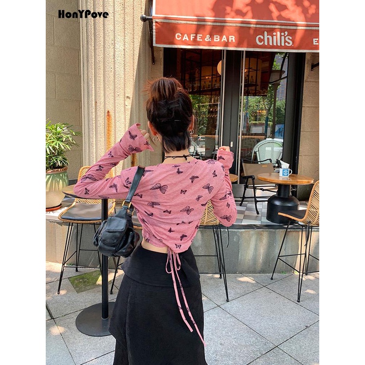 Honypove Áo Thun Tay Dài Chống Nắng Xuyên Thấu Họa Tiết Bướm Phong Cách Mới Thời Trang Mùa Thu 2023 Dành Cho Bạn Nữ