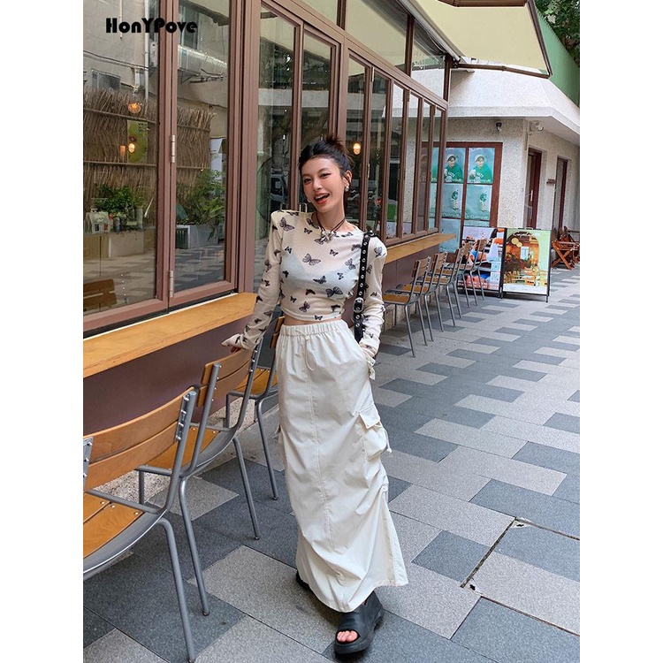 Honypove Áo Thun Tay Dài Chống Nắng Xuyên Thấu Họa Tiết Bướm Phong Cách Mới Thời Trang Mùa Thu 2023 Dành Cho Bạn Nữ