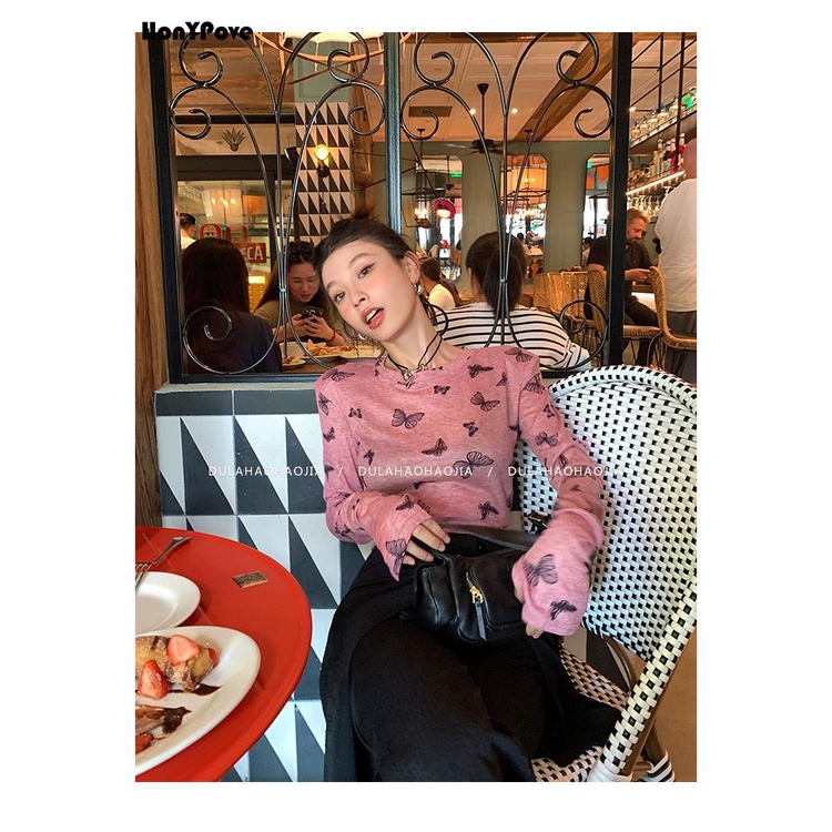 Honypove Áo Thun Tay Dài Chống Nắng Xuyên Thấu Họa Tiết Bướm Phong Cách Mới Thời Trang Mùa Thu 2023 Dành Cho Bạn Nữ