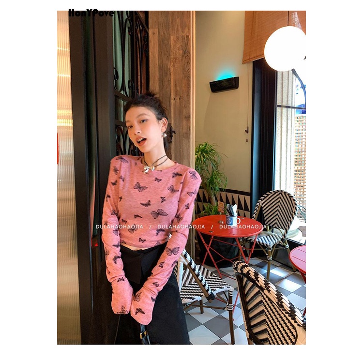 Honypove Áo Thun Tay Dài Chống Nắng Xuyên Thấu Họa Tiết Bướm Phong Cách Mới Thời Trang Mùa Thu 2023 Dành Cho Bạn Nữ