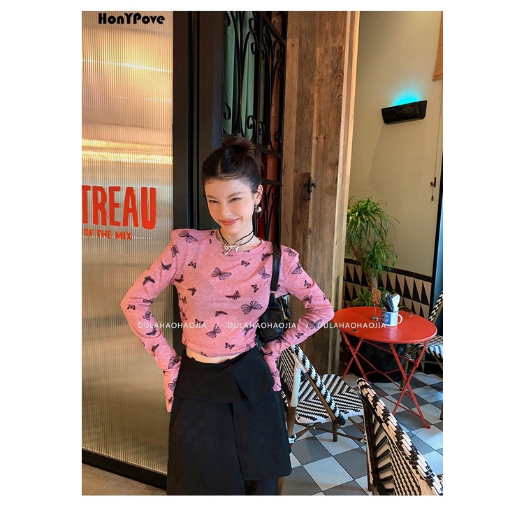 Honypove Áo Thun Tay Dài Chống Nắng Xuyên Thấu Họa Tiết Bướm Phong Cách Mới Thời Trang Mùa Thu 2023 Dành Cho Bạn Nữ