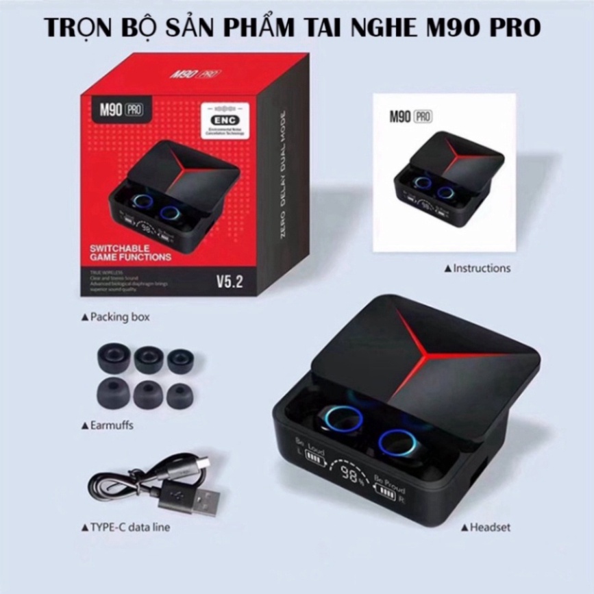 Tai nghe bluetooth không dây M90 Pro tws 5.3 cảm ứng bass mạnh âm thanh HIFI cho android ios hot