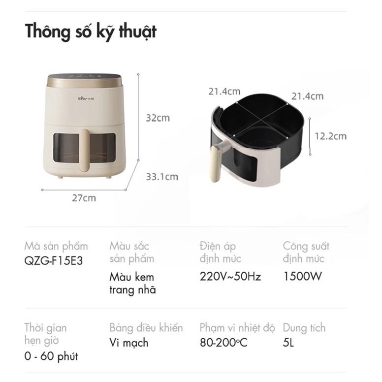 Nồi chiên không dầu mặt kính dung tích 5L BEAR QZG- F15E3 1500W màu trắng bảo hành 12 tháng