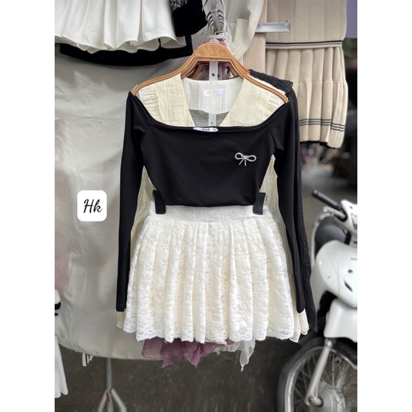 Sét áo trễ vai mix chân váy ren