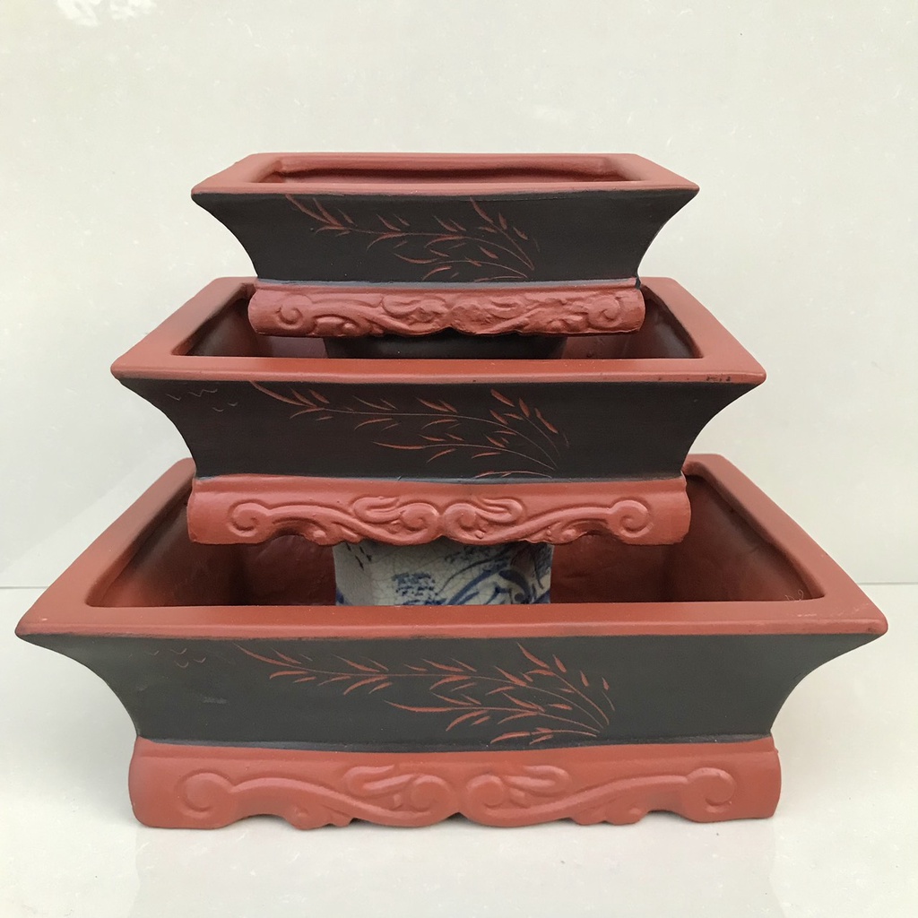 Chậu chữ nhật bonsai cây cảnh màu đỏ đen 3 size SP604