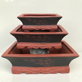 Chậu chữ nhật bonsai cây cảnh màu đỏ đen 3 size SP604