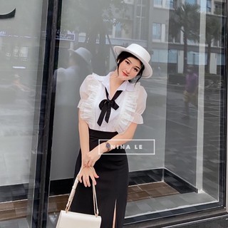 𝗩𝗶𝗱𝗲𝗼 𝗔̉𝗻𝗵 𝗧𝗵𝗮̣̂𝘁 ✔ set sơmi nơ lụa tay bồng mix phần chân váy xẻ