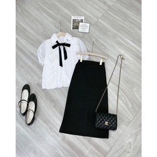 𝗩𝗶𝗱𝗲𝗼 𝗔̉𝗻𝗵 𝗧𝗵𝗮̣̂𝘁 ✔  Set sơmi Nơ Lụa Tay Bồng Mix phần chân váy Xẻ