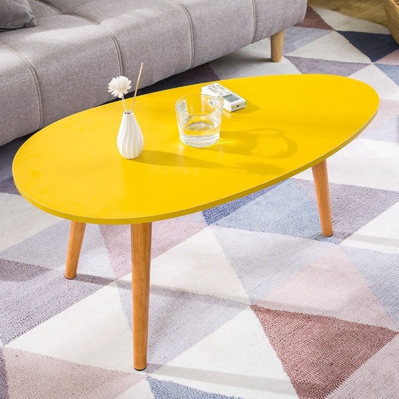 Bàn trà hình trứng chân gỗ tự nhiên decor phong cách hiện đại, Bàn trà sofa hình trứng chân gỗ sồi chắc chắn Candy Decor