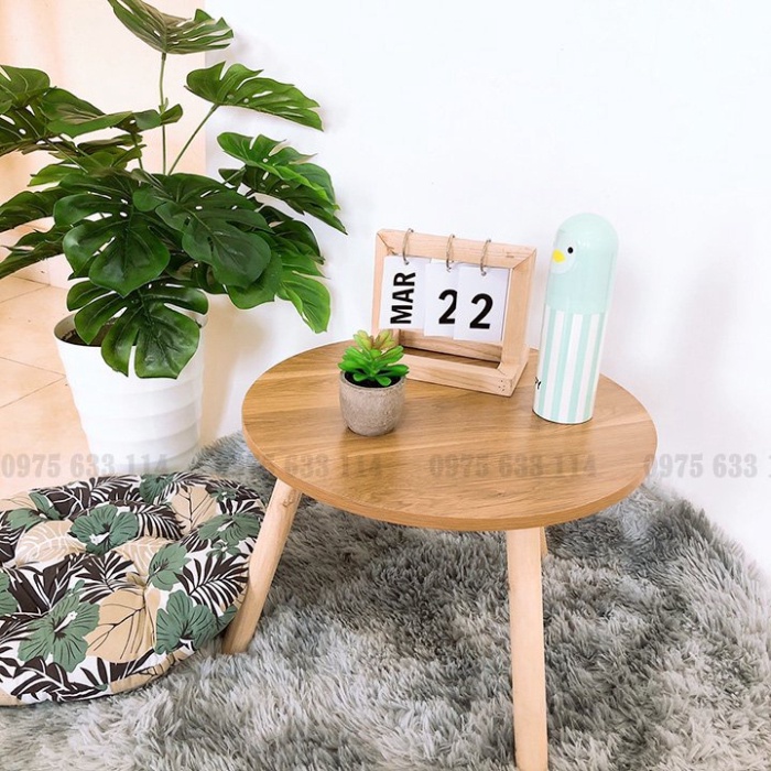 Bàn tròn cafe ngồi bệt chân gỗ tự nhiên chắc chắn, Bàn tròn sofa decor trang trí phòng khách tiện ích Candy Decor