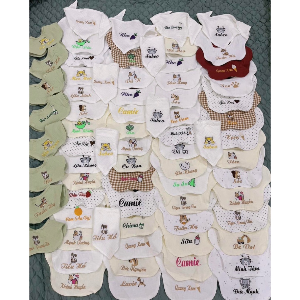Yếm hình hoa Thêu Tên Bé Theo Yêu Cầu vải Xô Muslin 5 lớp nhiều họa tiết cho bé từ 0 - 2.5y