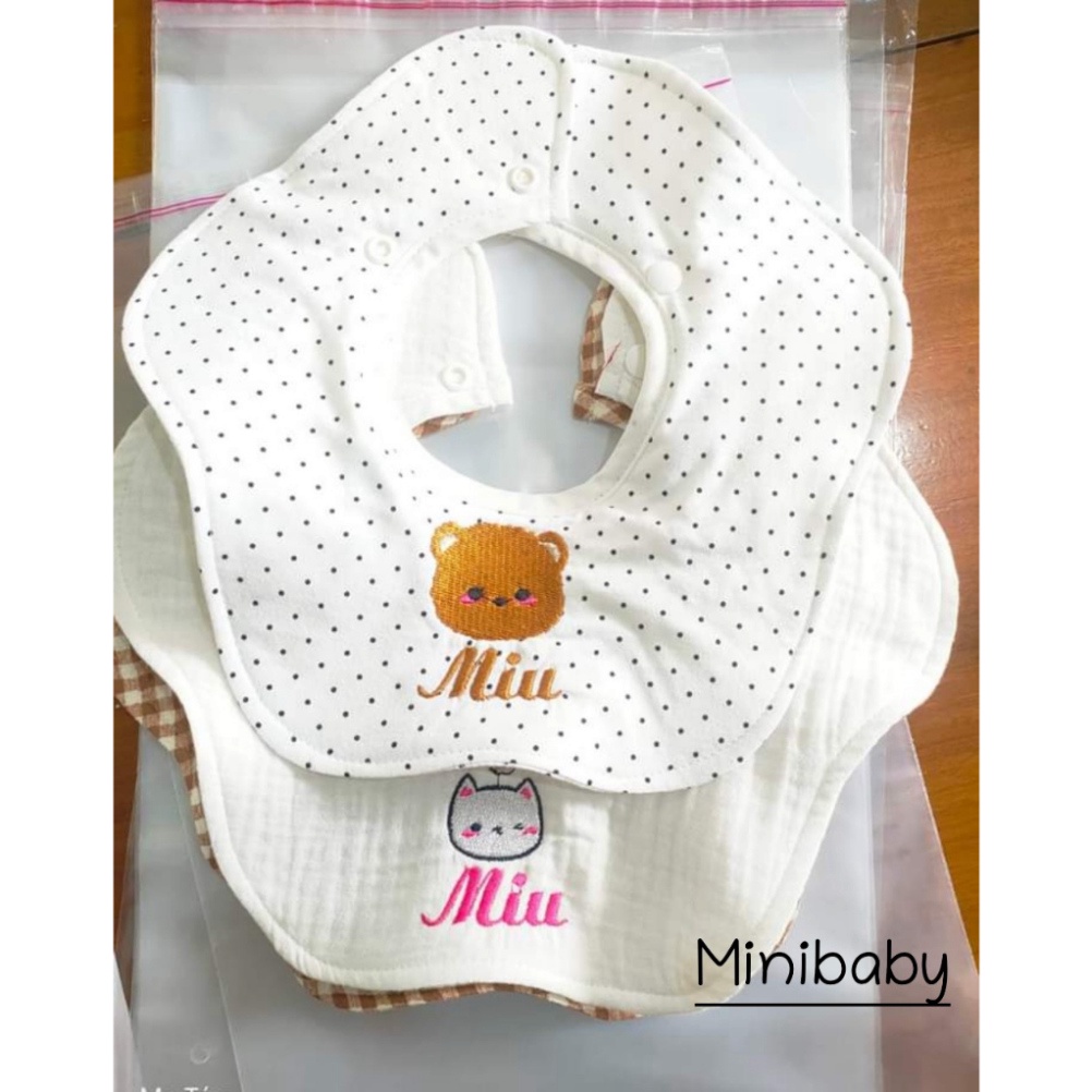 Yếm hình hoa Thêu Tên Bé Theo Yêu Cầu vải Xô Muslin 5 lớp nhiều họa tiết cho bé từ 0 - 2.5y