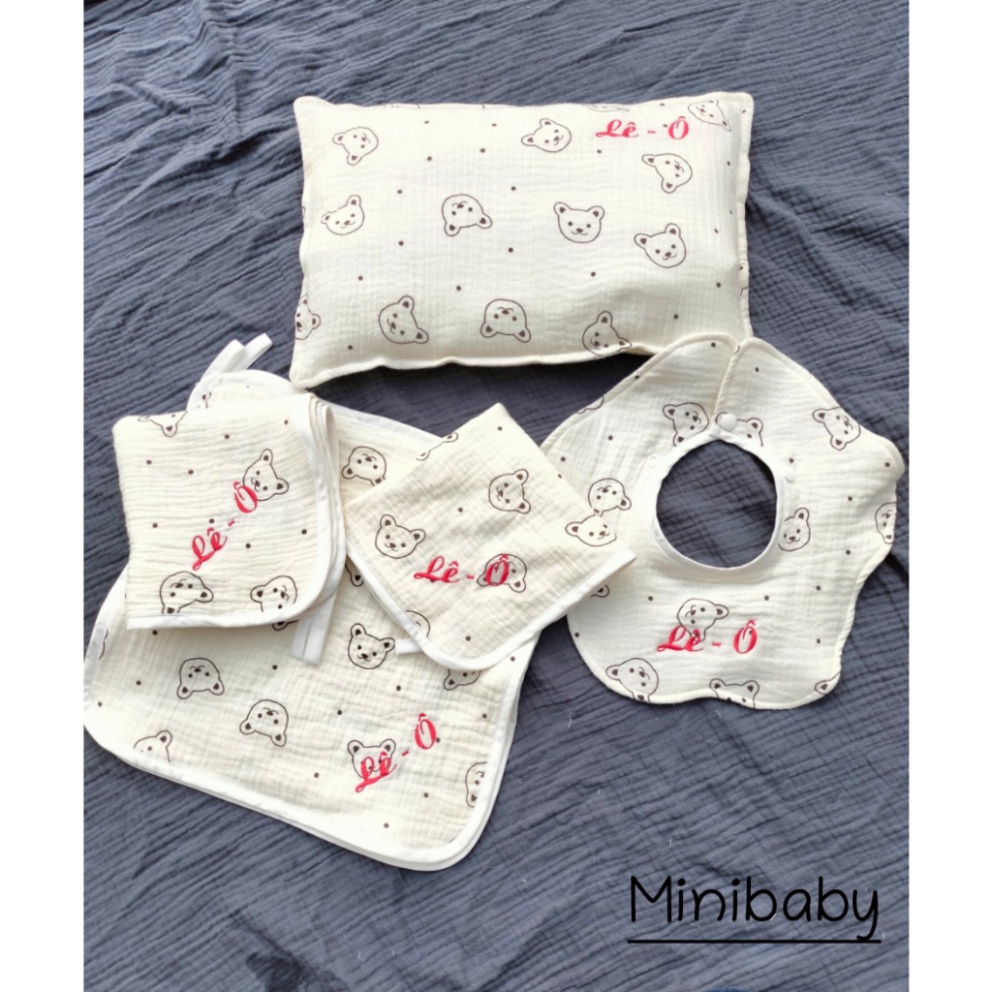 Yếm hình hoa Thêu Tên Bé Theo Yêu Cầu vải Xô Muslin 5 lớp nhiều họa tiết cho bé từ 0 - 2.5y